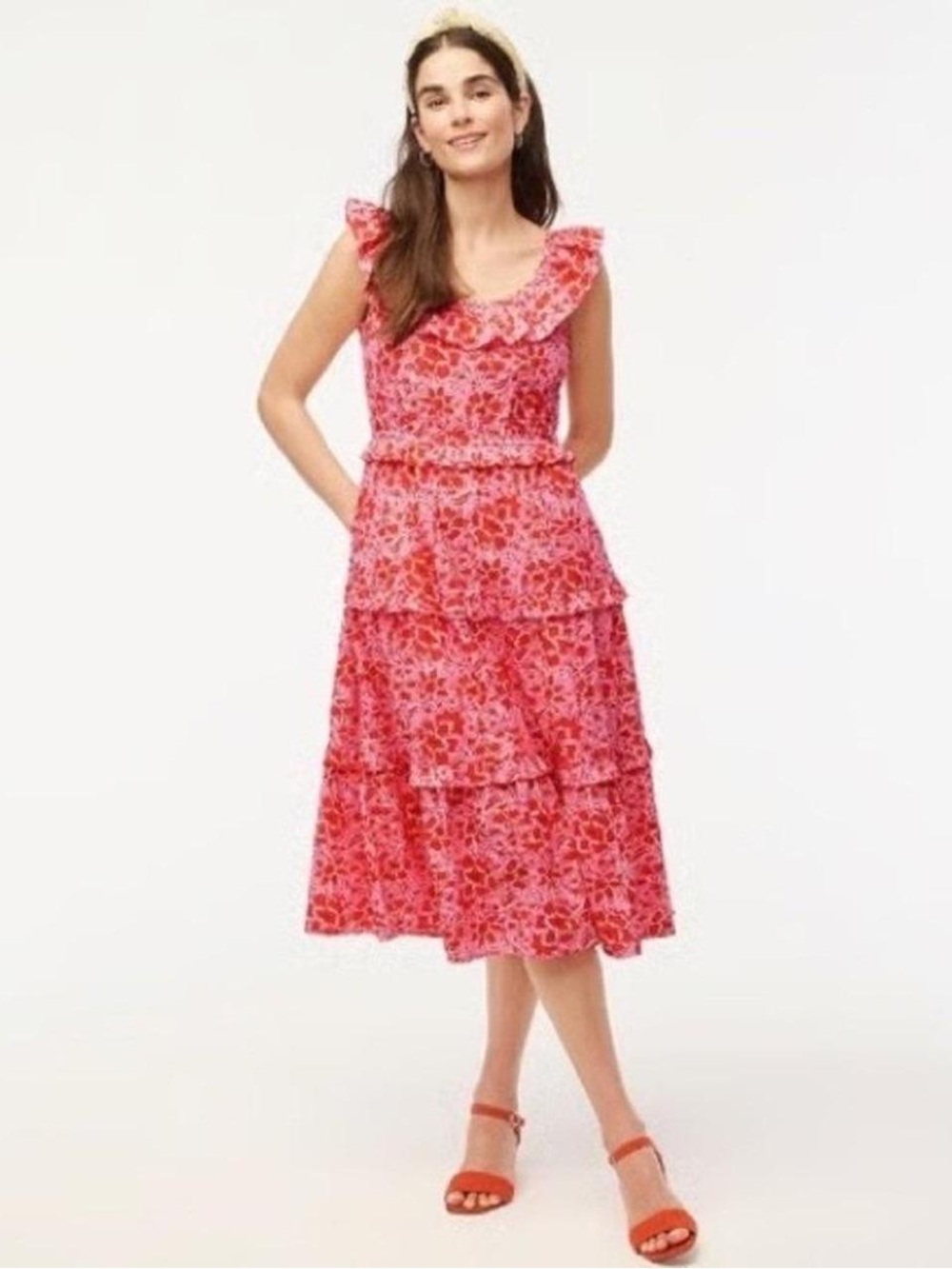 J. Crew Pink and Red Floral Tiered Midi Dress